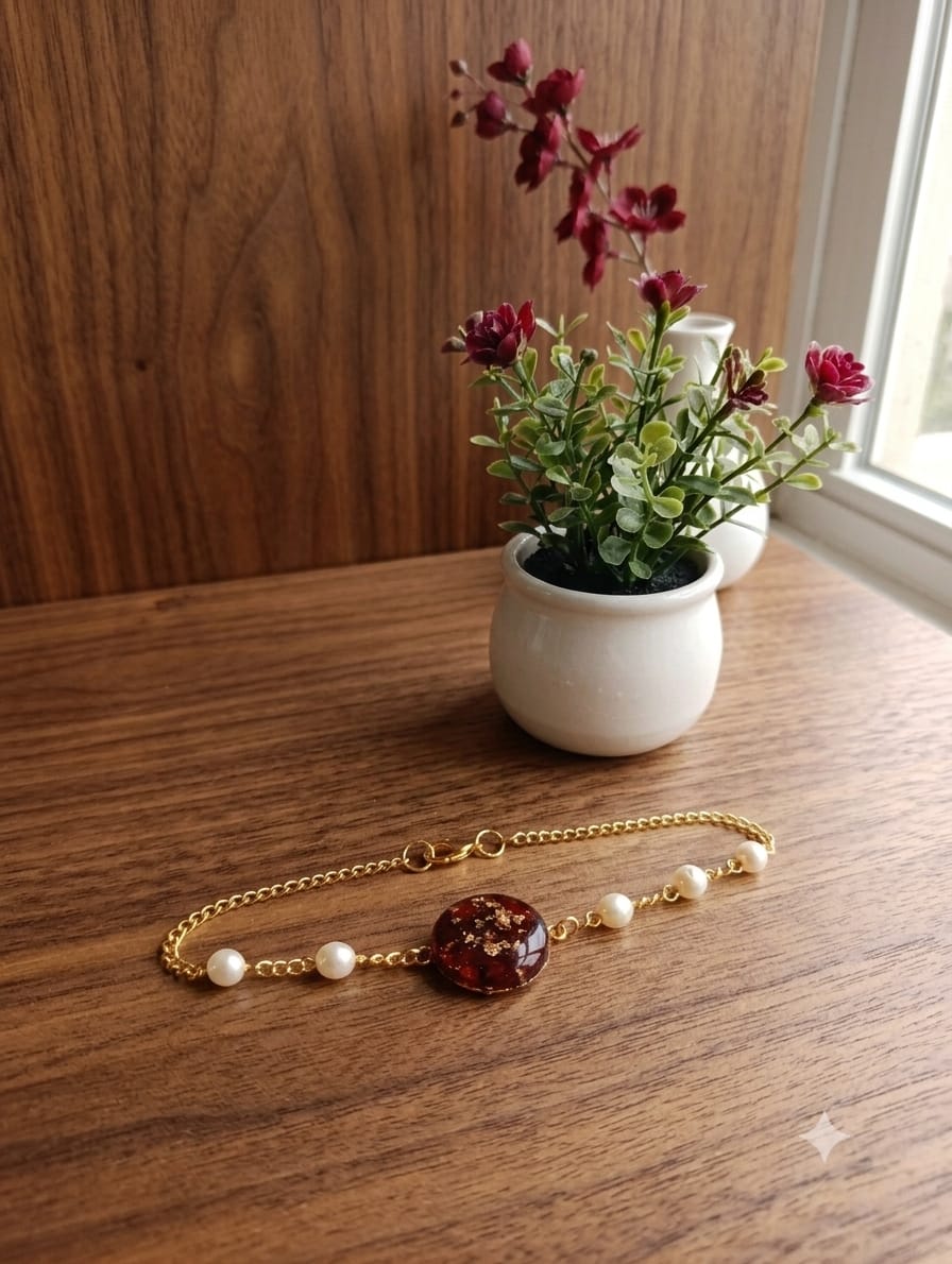 Handcrafted Gold-Tone Pearl & Burgundy Resin Charm Bracelet