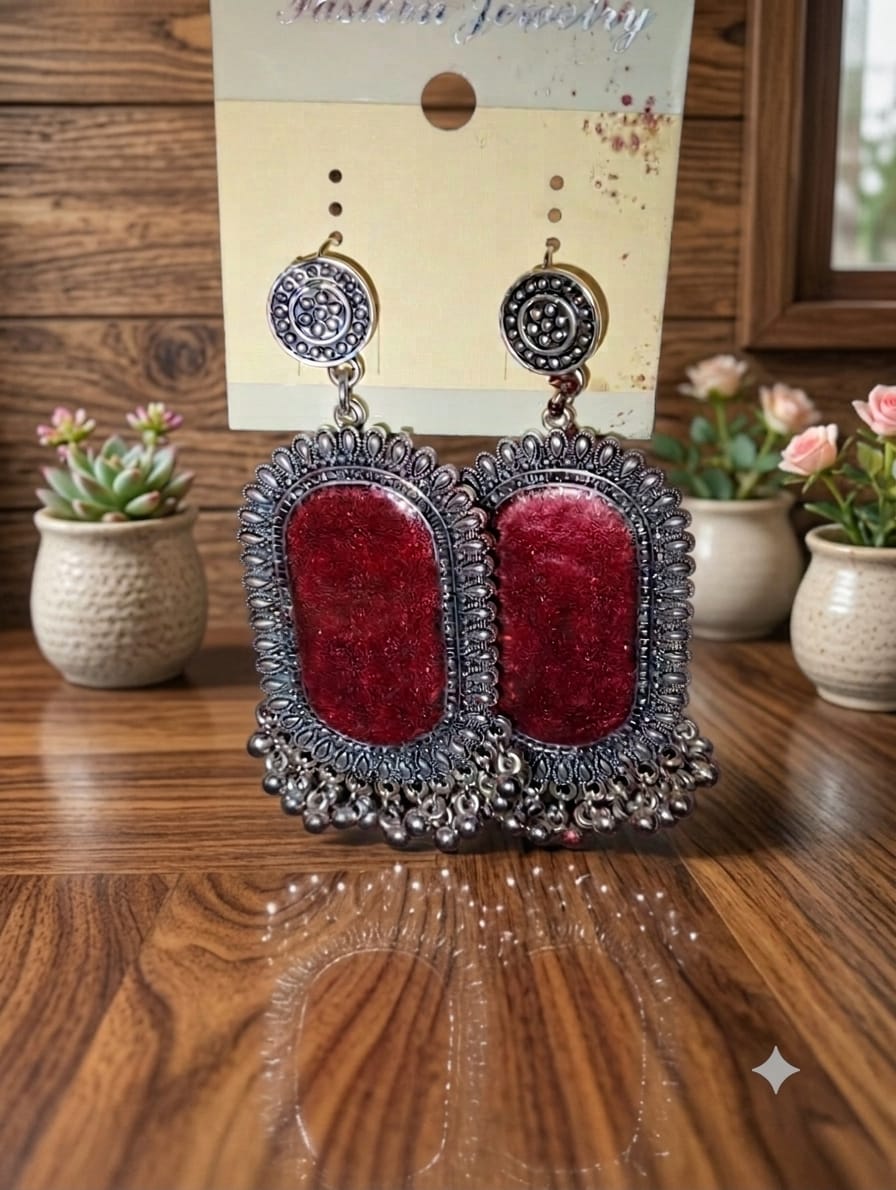 Handcrafted Oxidized Silver-Tone Red Statement Earrings