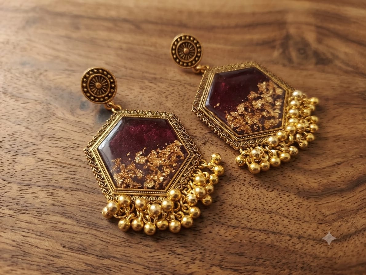 Resin Gold Leaf Hexagon Earrings